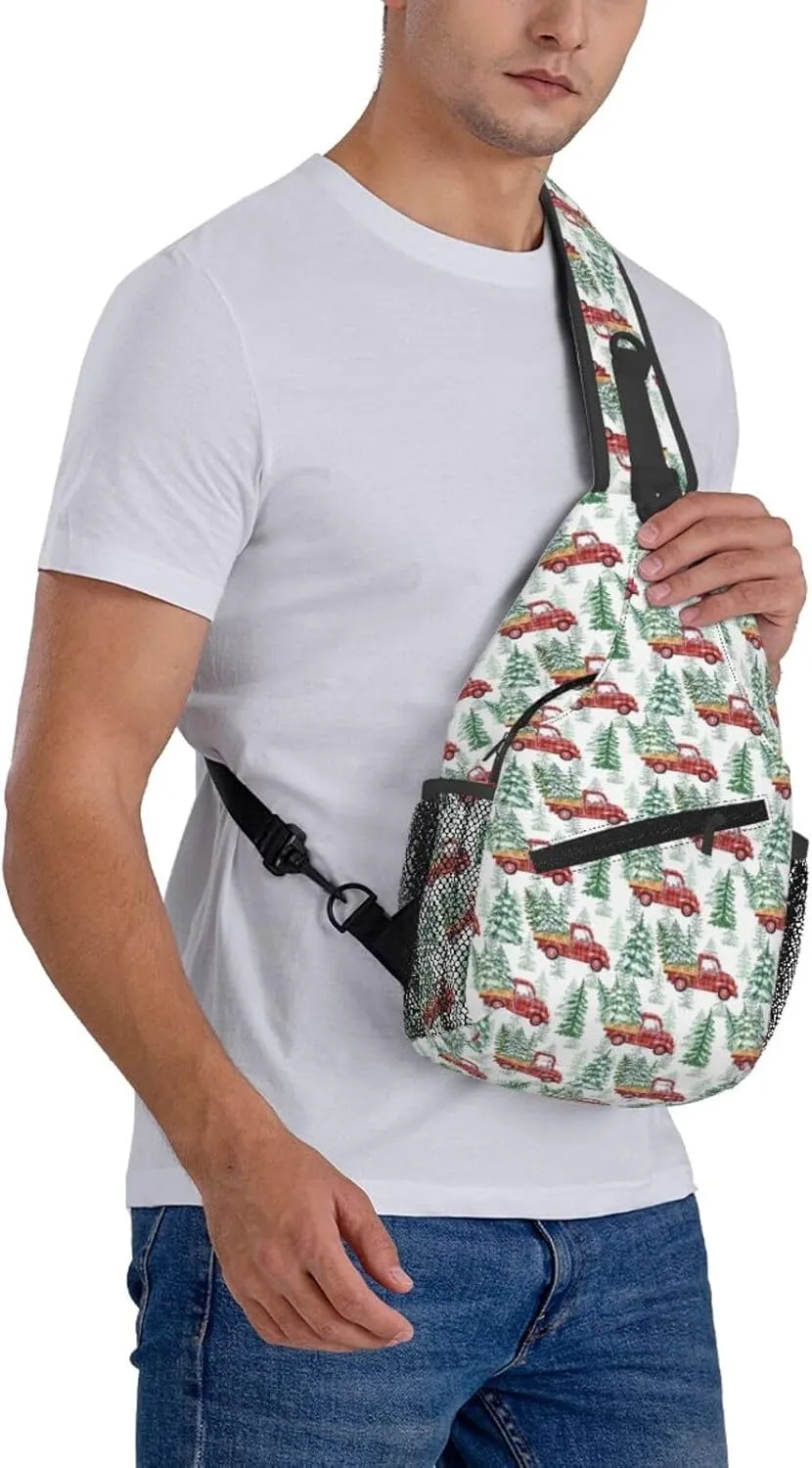 Christmas Buffalo Plaid Truck And Pine Trees Crossbody Sling Bag For Women Men Adjustable Christmas New Year Chest Bag Shoulder Bag Sling Backpack Daypack For Sport Travel Hiking
