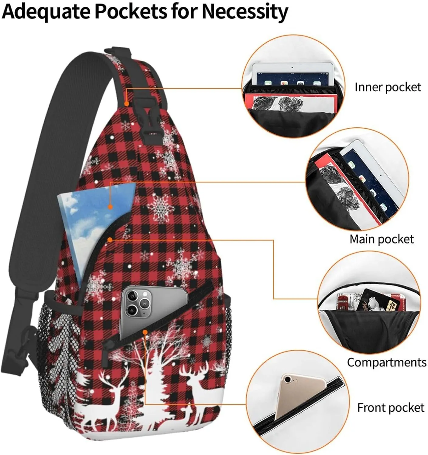 Christmas Crossbody Sling Bag For Women Men Adjustable Christmas Buffalo Plaid Chest Bag Shoulder Bag Sling Backpack Merry Xmas Daypack Christmas Gifts