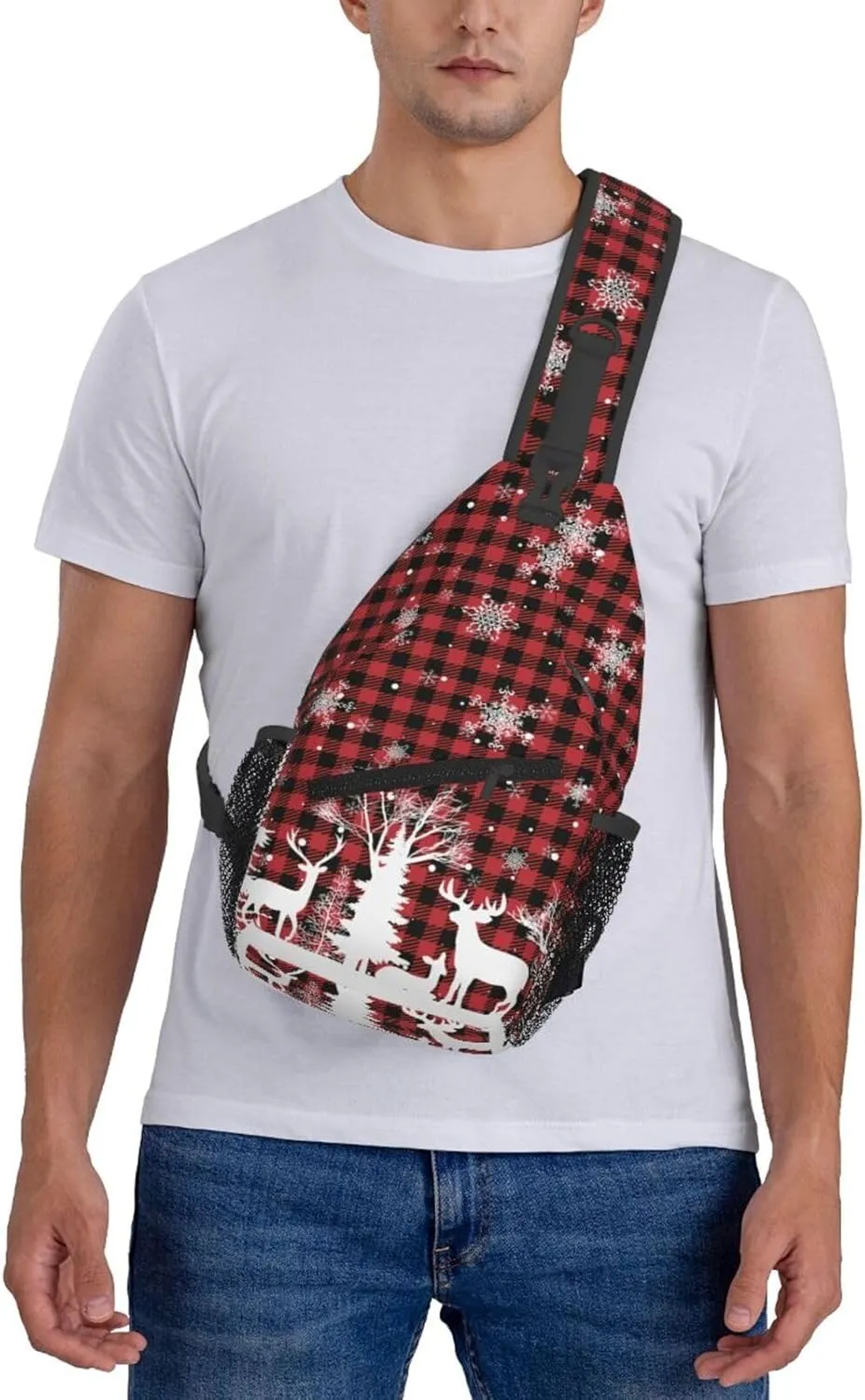 Christmas Crossbody Sling Bag For Women Men Adjustable Christmas Buffalo Plaid Chest Bag Shoulder Bag Sling Backpack Merry Xmas Daypack Christmas Gifts