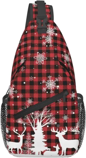 Christmas Crossbody Sling Bag For Women Men Adjustable Christmas Buffalo Plaid Chest Bag Shoulder Bag Sling Backpack Merry Xmas Daypack Christmas Gifts
