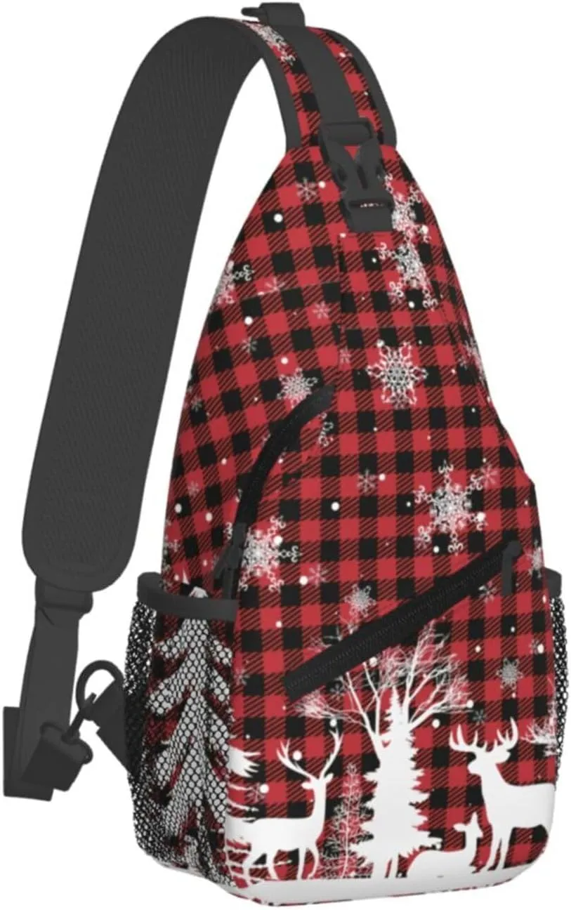 Christmas Crossbody Sling Bag For Women Men Adjustable Christmas Buffalo Plaid Chest Bag Shoulder Bag Sling Backpack Merry Xmas Daypack Christmas Gifts