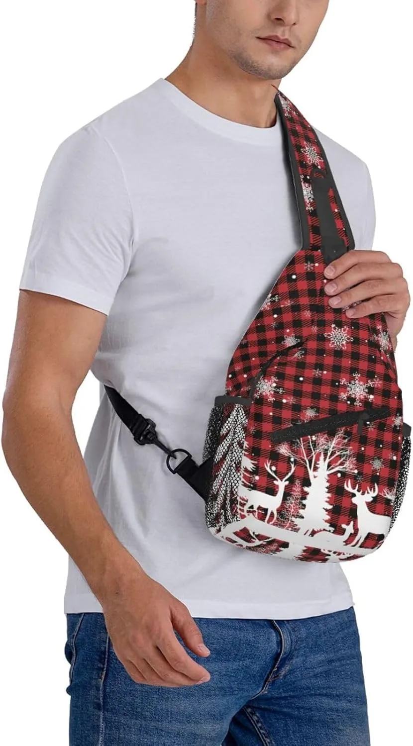 Christmas Crossbody Sling Bag For Women Men Adjustable Christmas Buffalo Plaid Chest Bag Shoulder Bag Sling Backpack Merry Xmas Daypack Christmas Gifts