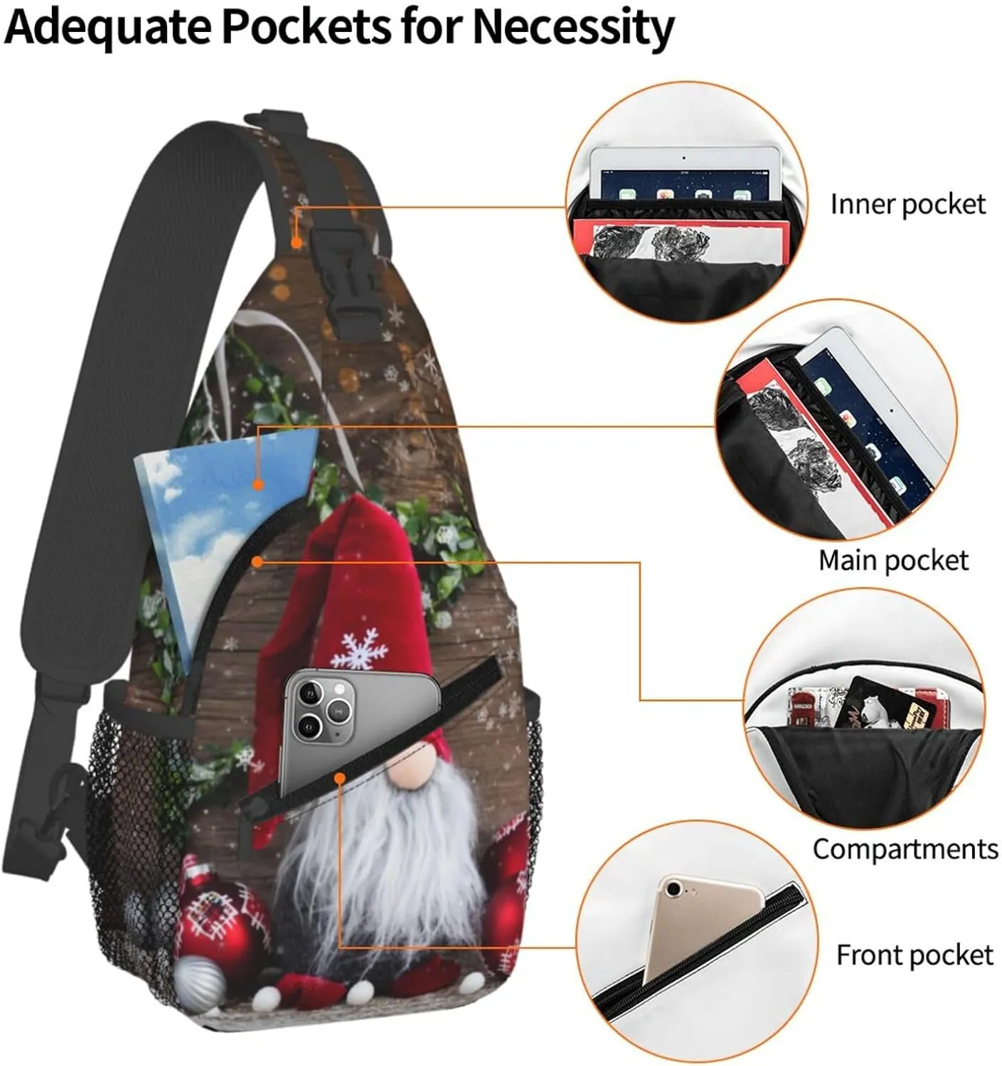 Christmas Gnome Crossbody Sling Bag For Women Men Adjustable Christmas Chest Bag Shoulder Bag Sling Backpack Merry Xmas Daypack For Sport Travel Hiking