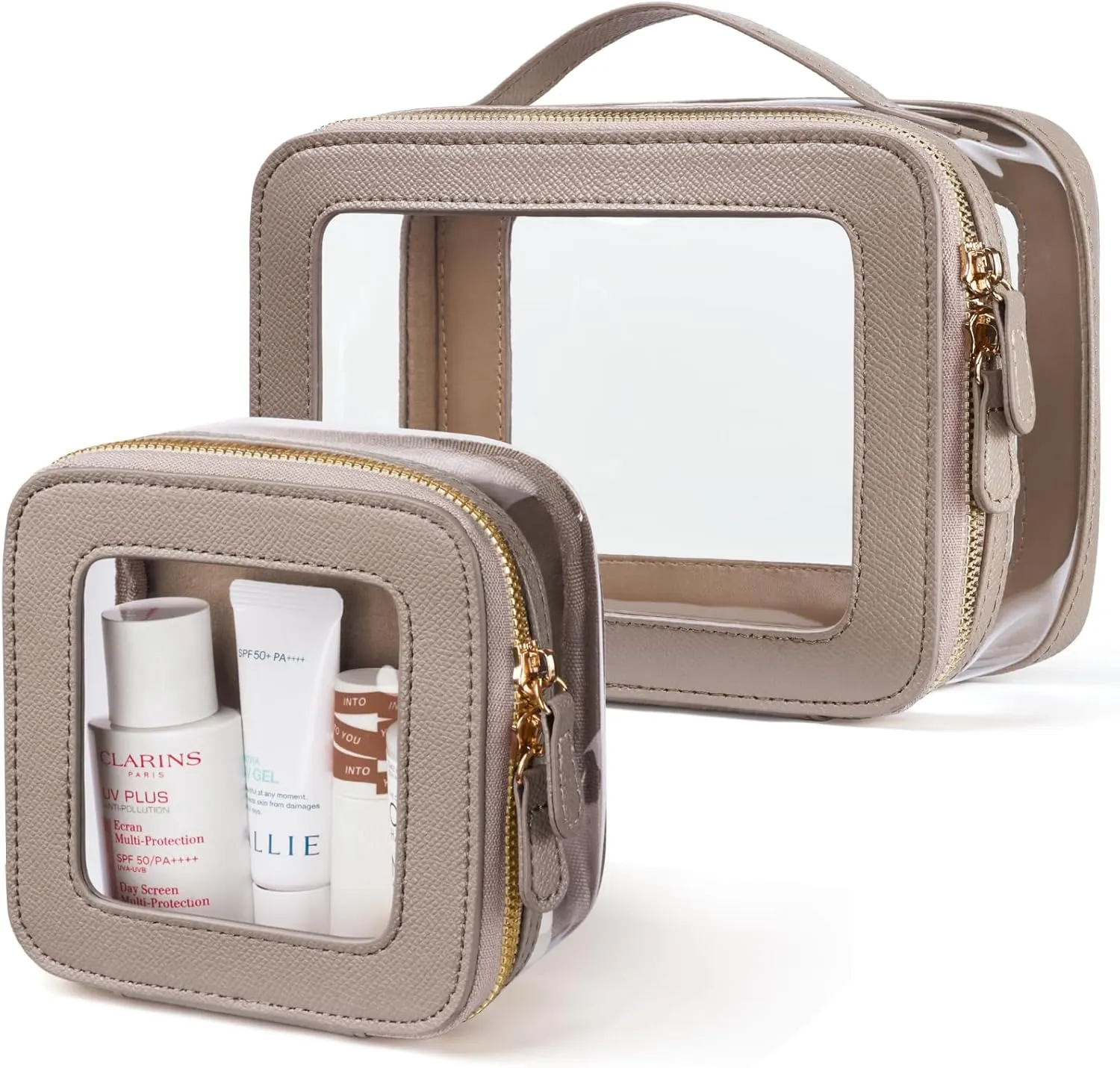 Clear Cosmetic Bag Set for Women Makeup Bag with Handle, TSA Travel Toiletry Bag Transparent Cosmetic Case Portable Make Up Organizer Bag for Essentials (Stone, Mini S)