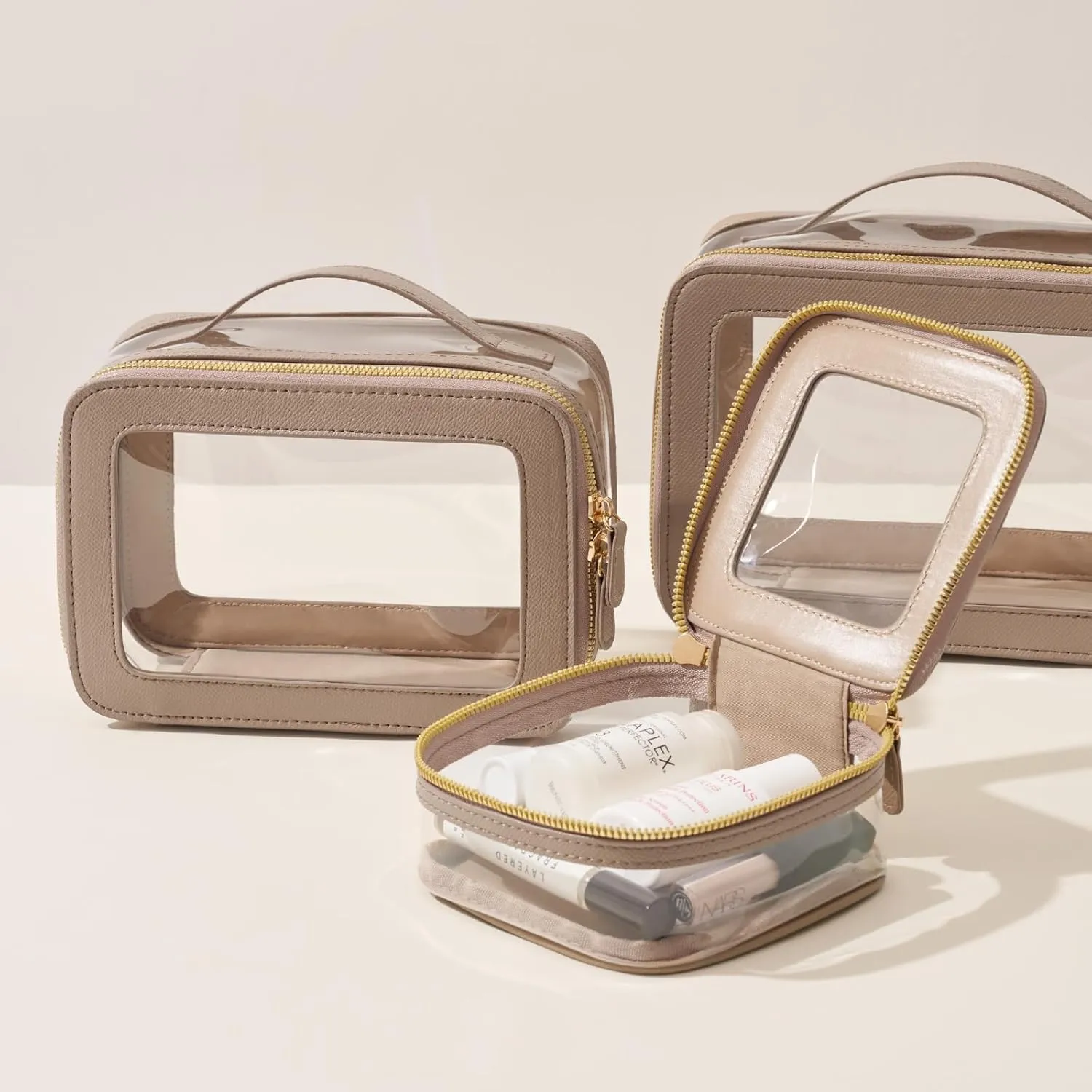 Clear Cosmetic Bag Set for Women Makeup Bag with Handle, TSA Travel Toiletry Bag Transparent Cosmetic Case Portable Make Up Organizer Bag for Essentials (Stone, Mini S)