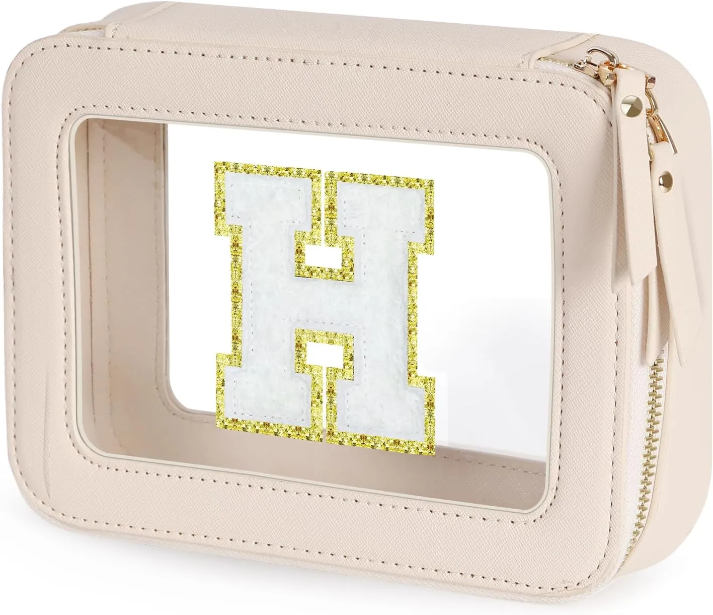 Clear Initial Makeup Bag - Toiletry Cosmetic Bag For Women, Cute Car Accessories & Essentials, And Preppy Makeup Bag For On-The-Go Glam - Gold Zippers Included, With Chenille Letter Decoration(H)