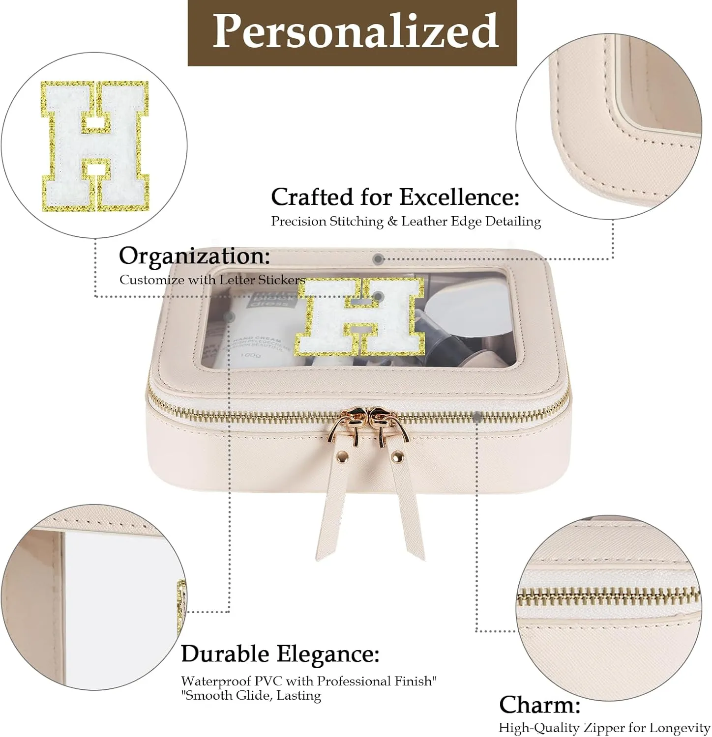 Clear Initial Makeup Bag - Toiletry Cosmetic Bag For Women, Cute Car Accessories & Essentials, And Preppy Makeup Bag For On-The-Go Glam - Gold Zippers Included, With Chenille Letter Decoration(H)