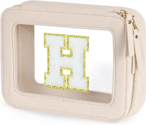 Clear Initial Makeup Bag - Toiletry Cosmetic Bag For Women, Cute Car Accessories & Essentials, And Preppy Makeup Bag For On-The-Go Glam - Gold Zippers Included, With Chenille Letter Decoration(H)