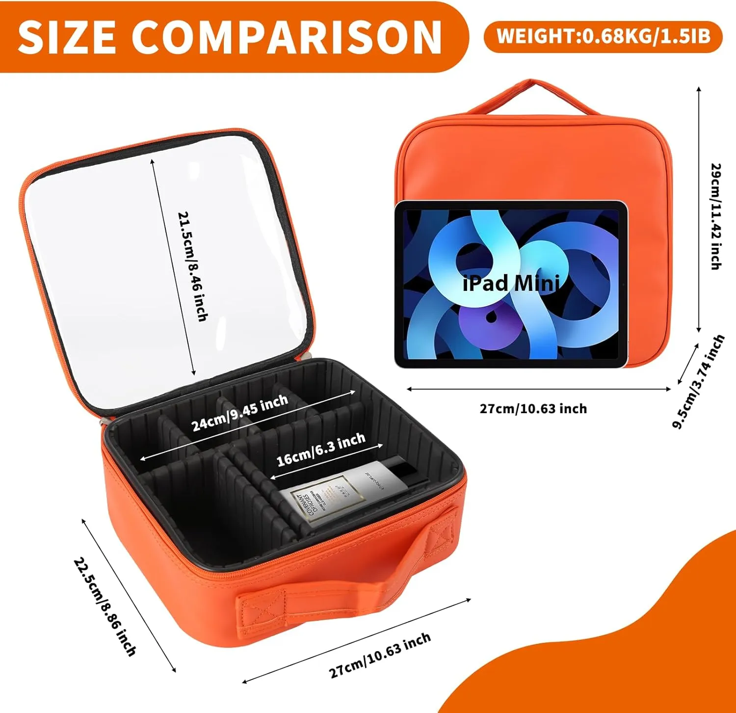 Clear Makeup Bag 10.6X3.7X8.7 inch Travel Cosmetic Organizer Case for Women with Handle and Detachable Dividers, Portable Waterproof Makeup Bag, Gift for Women, Gift for Girls, Orange