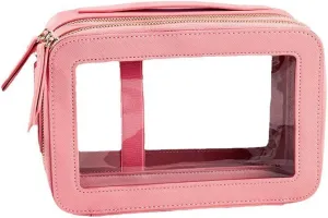 Clear Makeup Bag Double Layer Two Sided Travel Cosmetic Case Organizer for Women Toiletry Pouch with Transparent Vinyl Windows & Zippers (Pink)