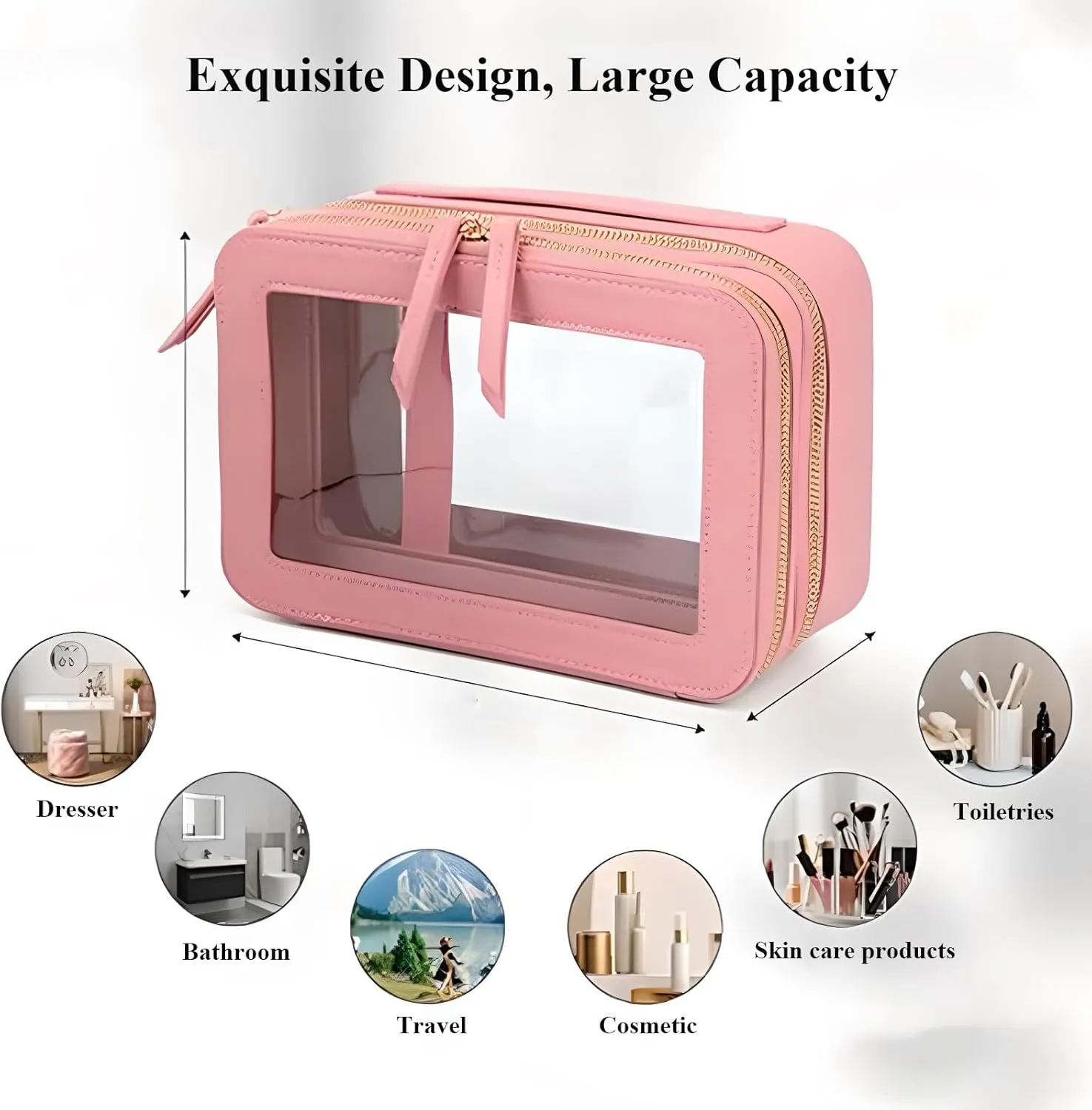 Clear Makeup Bag Double Layer Two Sided Travel Cosmetic Case Organizer for Women Toiletry Pouch with Transparent Vinyl Windows & Zippers (Pink)