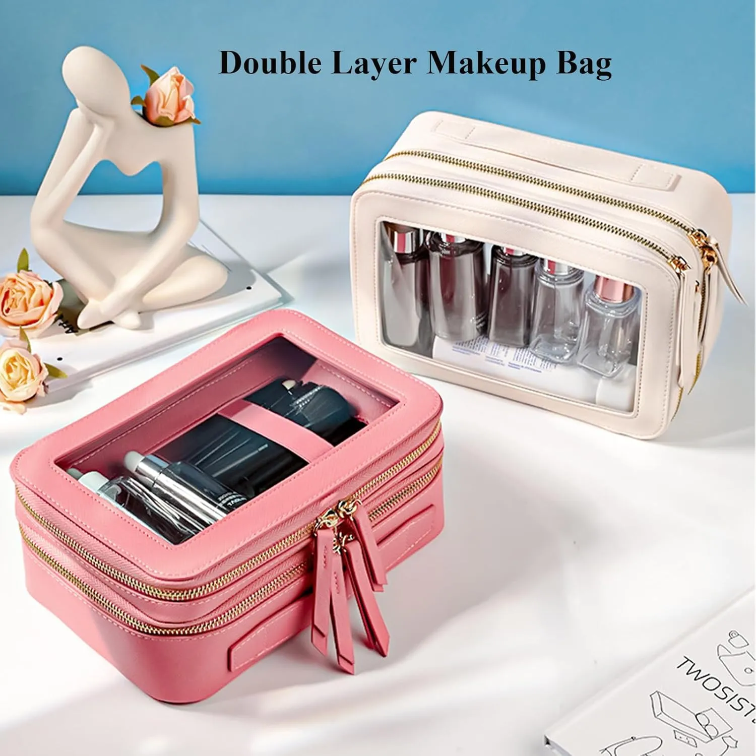 Clear Makeup Bag Double Layer Two Sided Travel Cosmetic Case Organizer for Women Toiletry Pouch with Transparent Vinyl Windows & Zippers (Pink)
