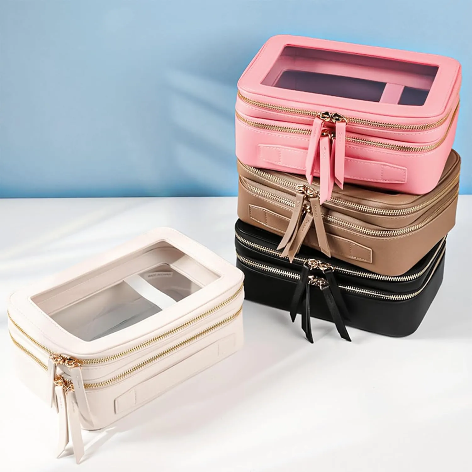 Clear Makeup Bag Double Layer Two Sided Travel Cosmetic Case Organizer for Women Toiletry Pouch with Transparent Vinyl Windows & Zippers (Pink)