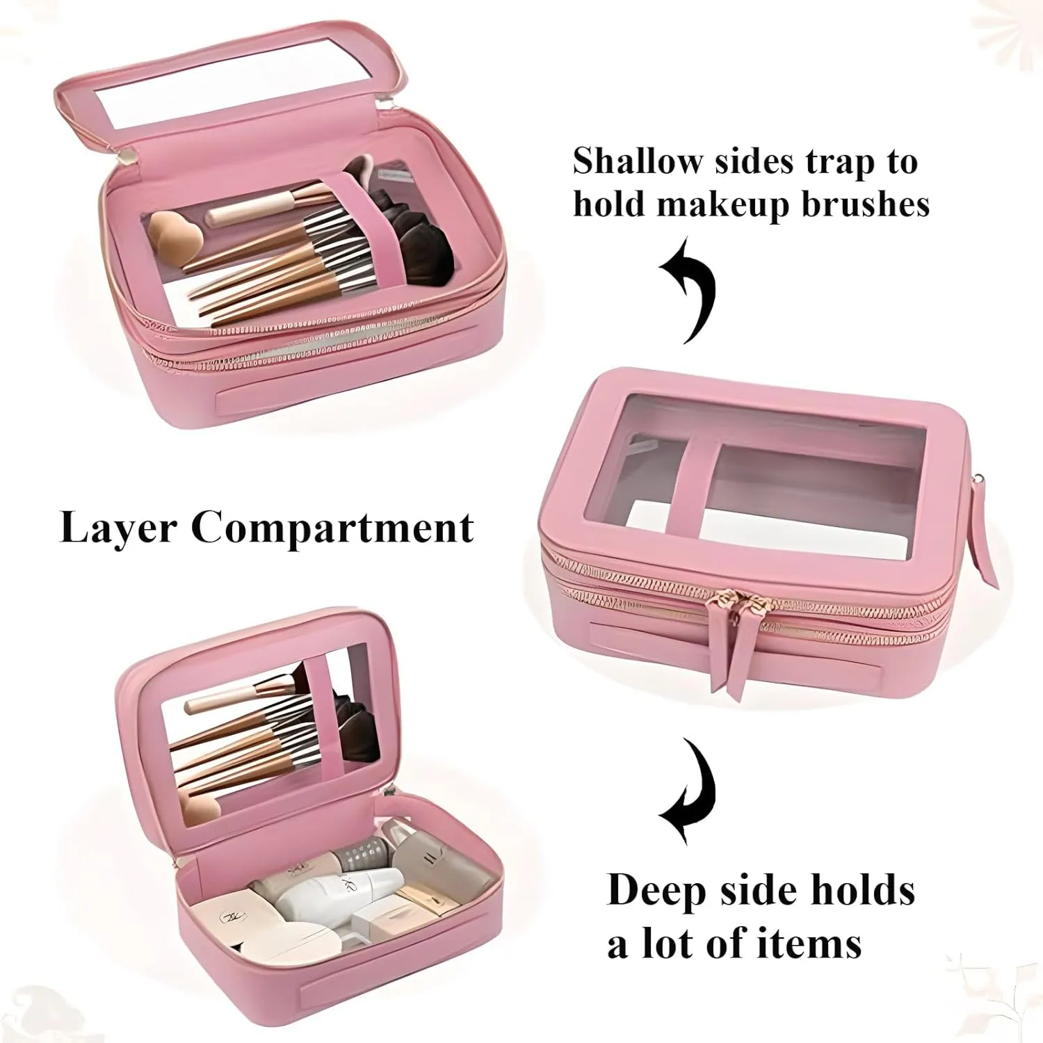 Clear Makeup Bag Double Layer Two Sided Travel Cosmetic Case Organizer for Women Toiletry Pouch with Transparent Vinyl Windows & Zippers (Pink)