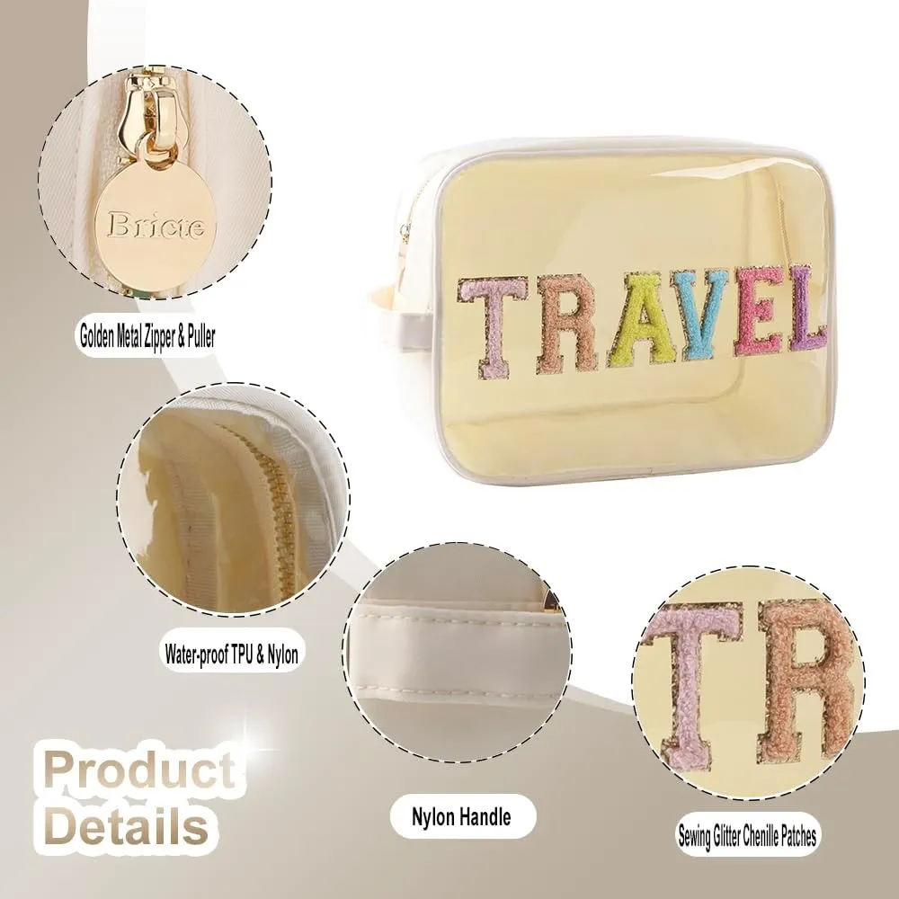 Clear Makeup Bag Large Chenille TRAVEL Pouch Preppy Clear Toiletry Bag TPU and Nylon Cosmetic Travel Bag for Women (Beige-Travel)
