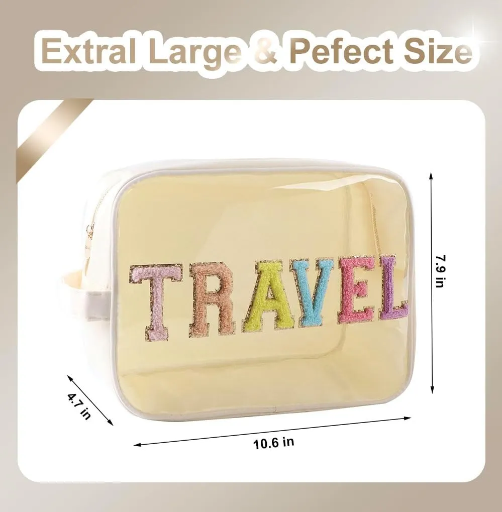 Clear Makeup Bag Large Chenille TRAVEL Pouch Preppy Clear Toiletry Bag TPU and Nylon Cosmetic Travel Bag for Women (Beige-Travel)