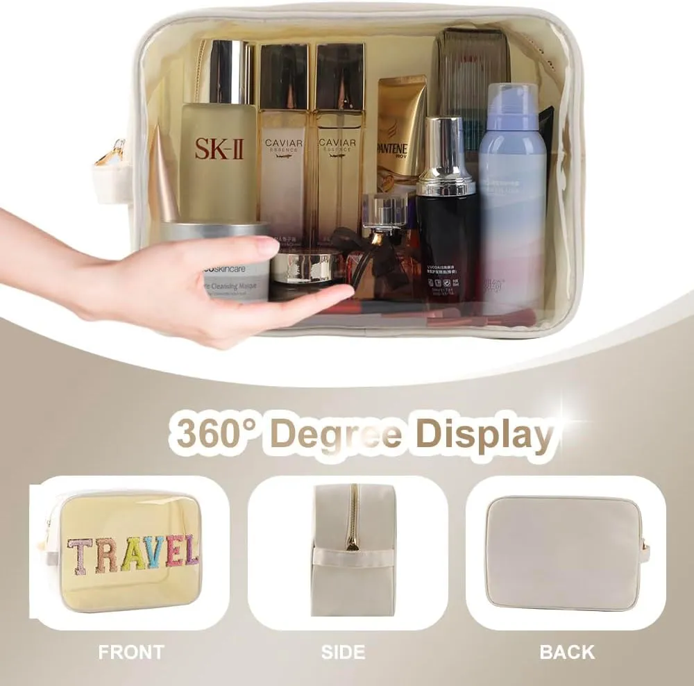 Clear Makeup Bag Large Chenille TRAVEL Pouch Preppy Clear Toiletry Bag TPU and Nylon Cosmetic Travel Bag for Women (Beige-Travel)