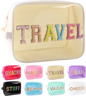 Clear Makeup Bag Large Chenille TRAVEL Pouch Preppy Clear Toiletry Bag TPU and Nylon Cosmetic Travel Bag for Women (Beige-Travel)
