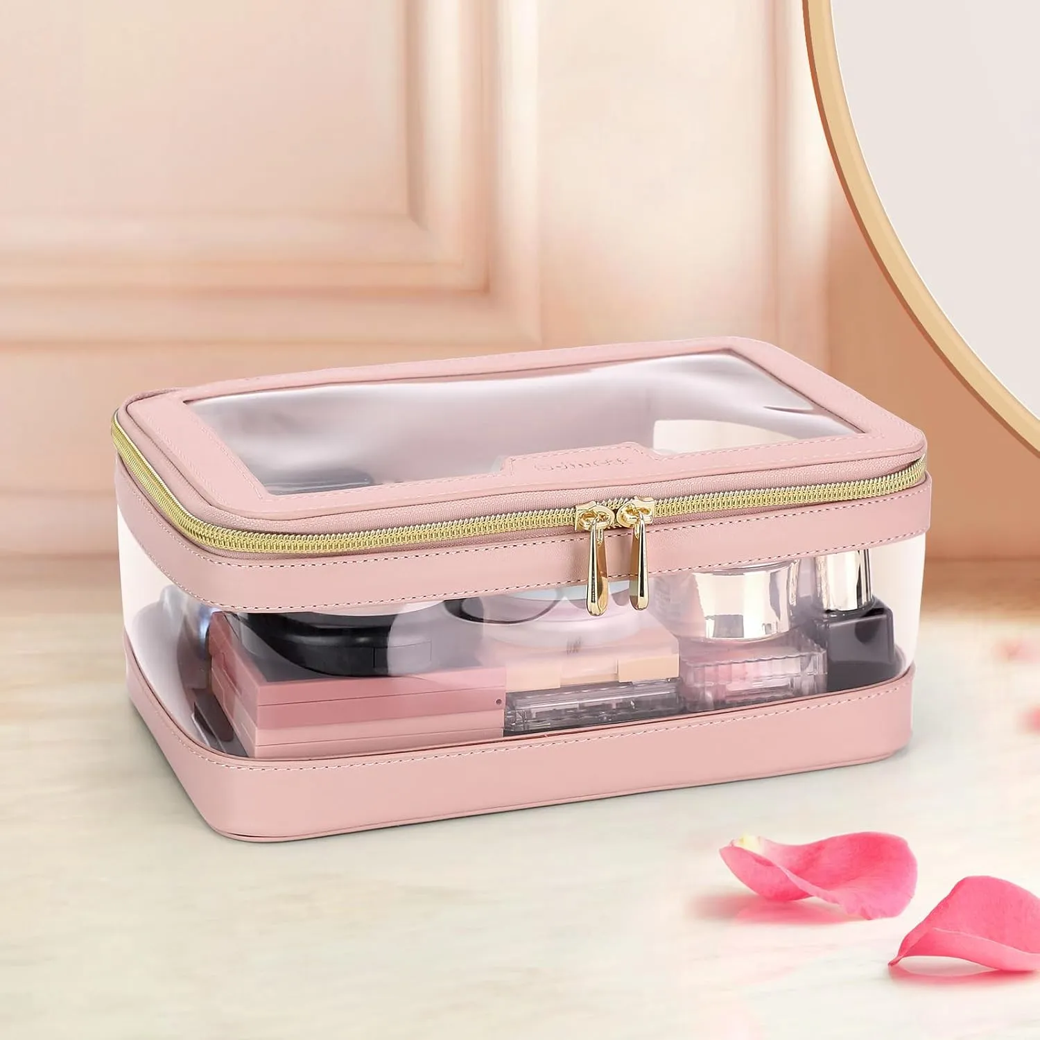 Clear Makeup Bag, Leather Travel Makeup Case Toiletry Bag, Portable Cosmetic Bag Case, Transparent Waterproof Cosmetic Organizer Storage Bag for Women, Pink