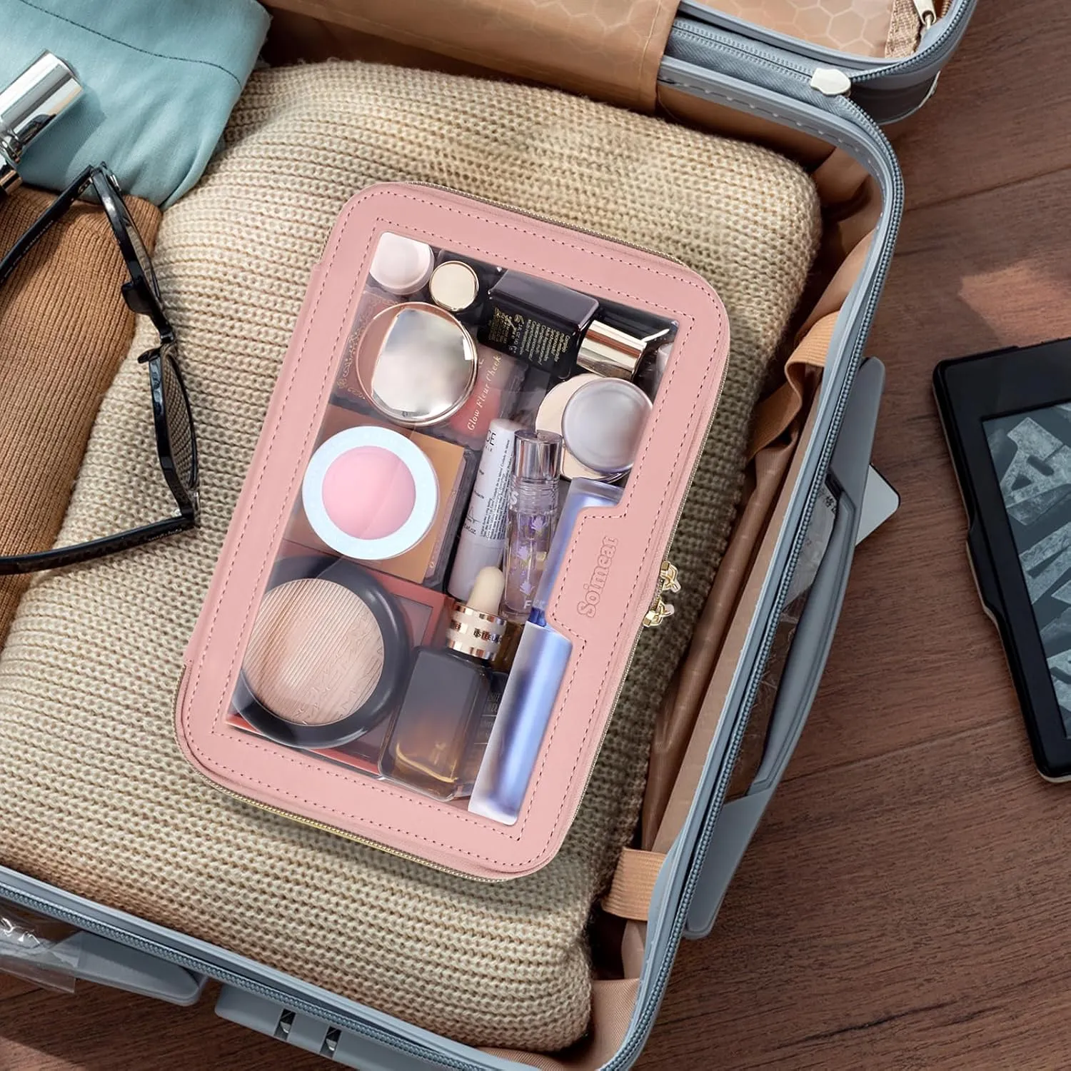 Clear Makeup Bag, Leather Travel Makeup Case Toiletry Bag, Portable Cosmetic Bag Case, Transparent Waterproof Cosmetic Organizer Storage Bag for Women, Pink