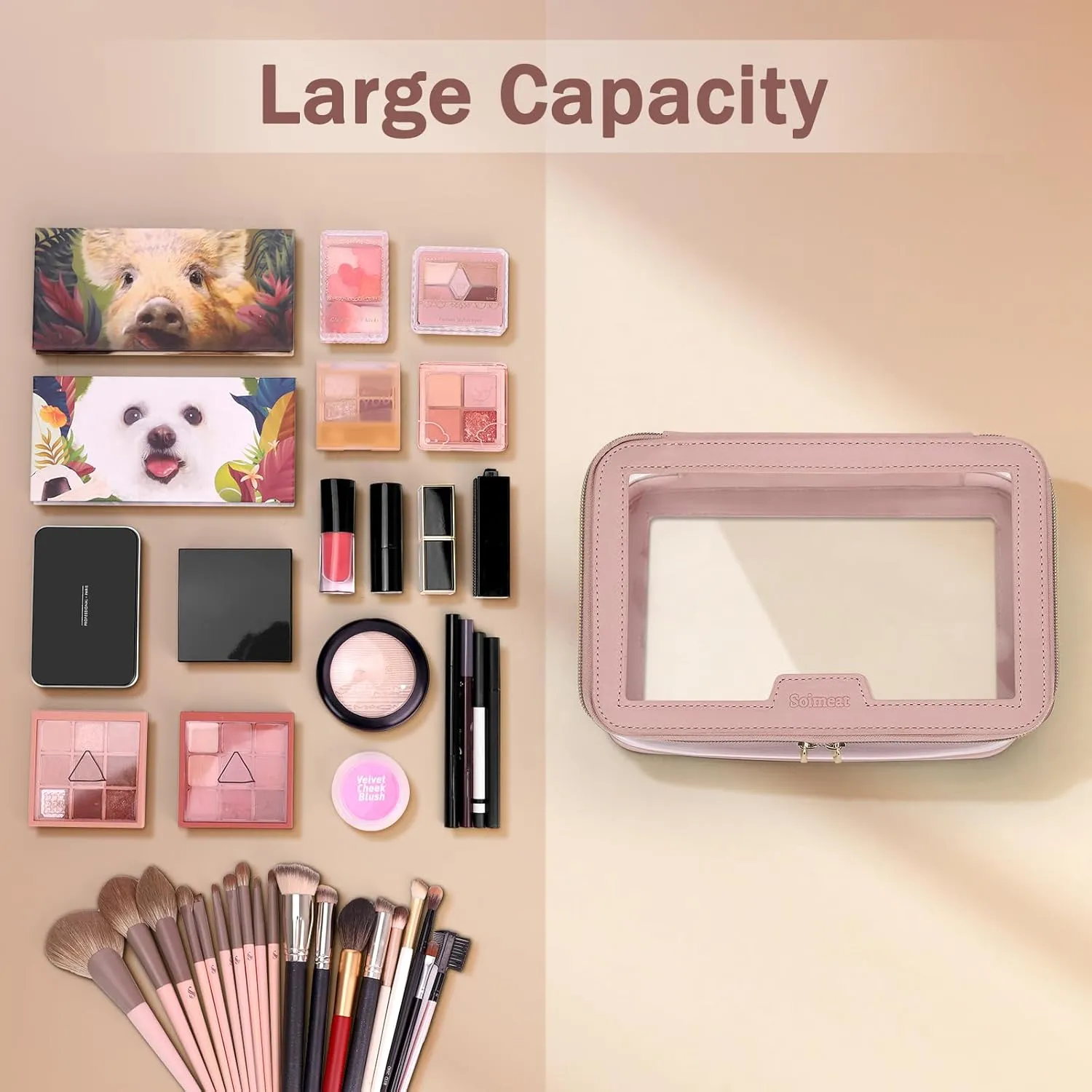 Clear Makeup Bag, Leather Travel Makeup Case Toiletry Bag, Portable Cosmetic Bag Case, Transparent Waterproof Cosmetic Organizer Storage Bag for Women, Pink