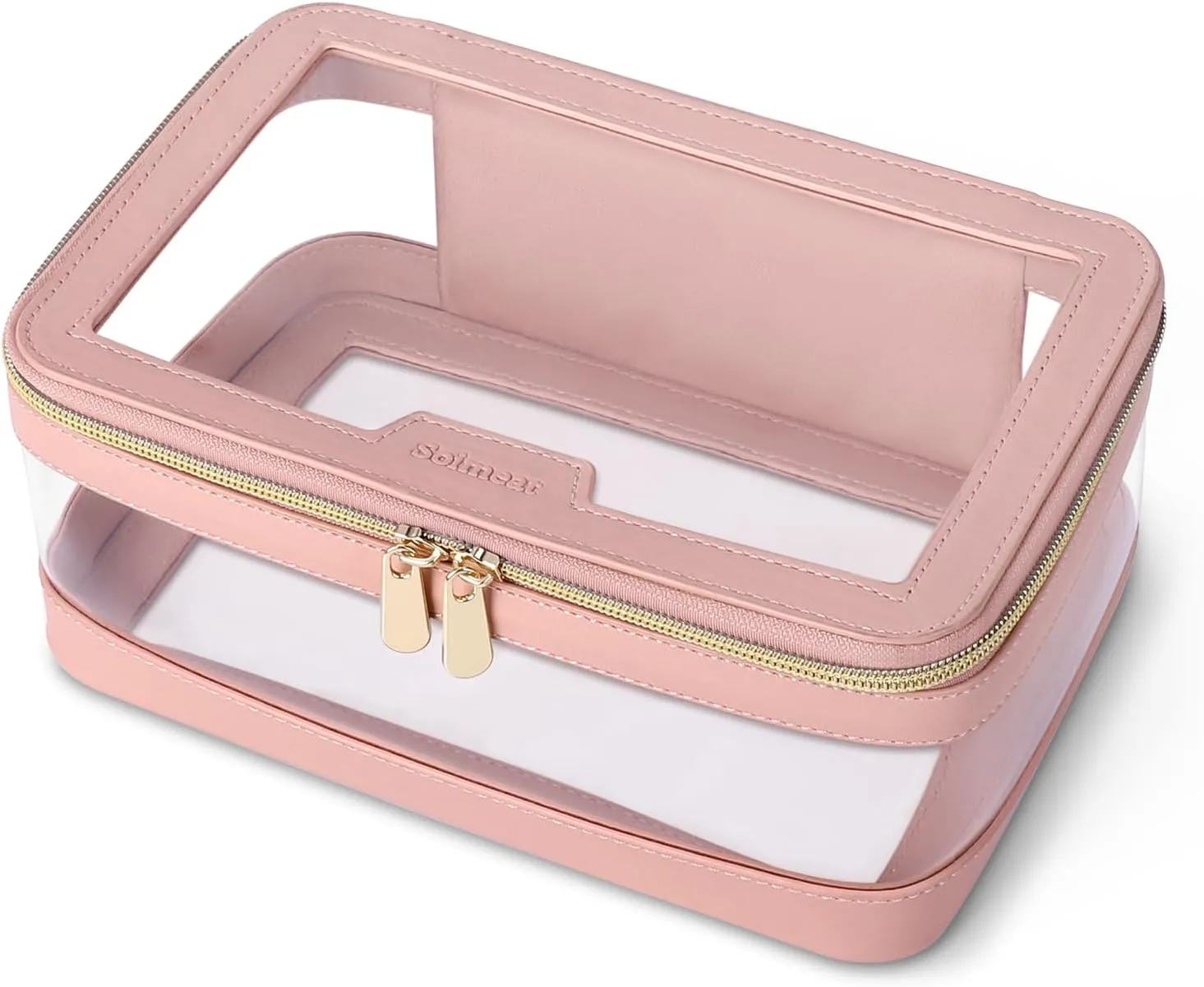 Clear Makeup Bag, Leather Travel Makeup Case Toiletry Bag, Portable Cosmetic Bag Case, Transparent Waterproof Cosmetic Organizer Storage Bag for Women, Pink