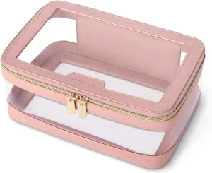 Clear Makeup Bag, Leather Travel Makeup Case Toiletry Bag, Portable Cosmetic Bag Case, Transparent Waterproof Cosmetic Organizer Storage Bag for Women, Pink