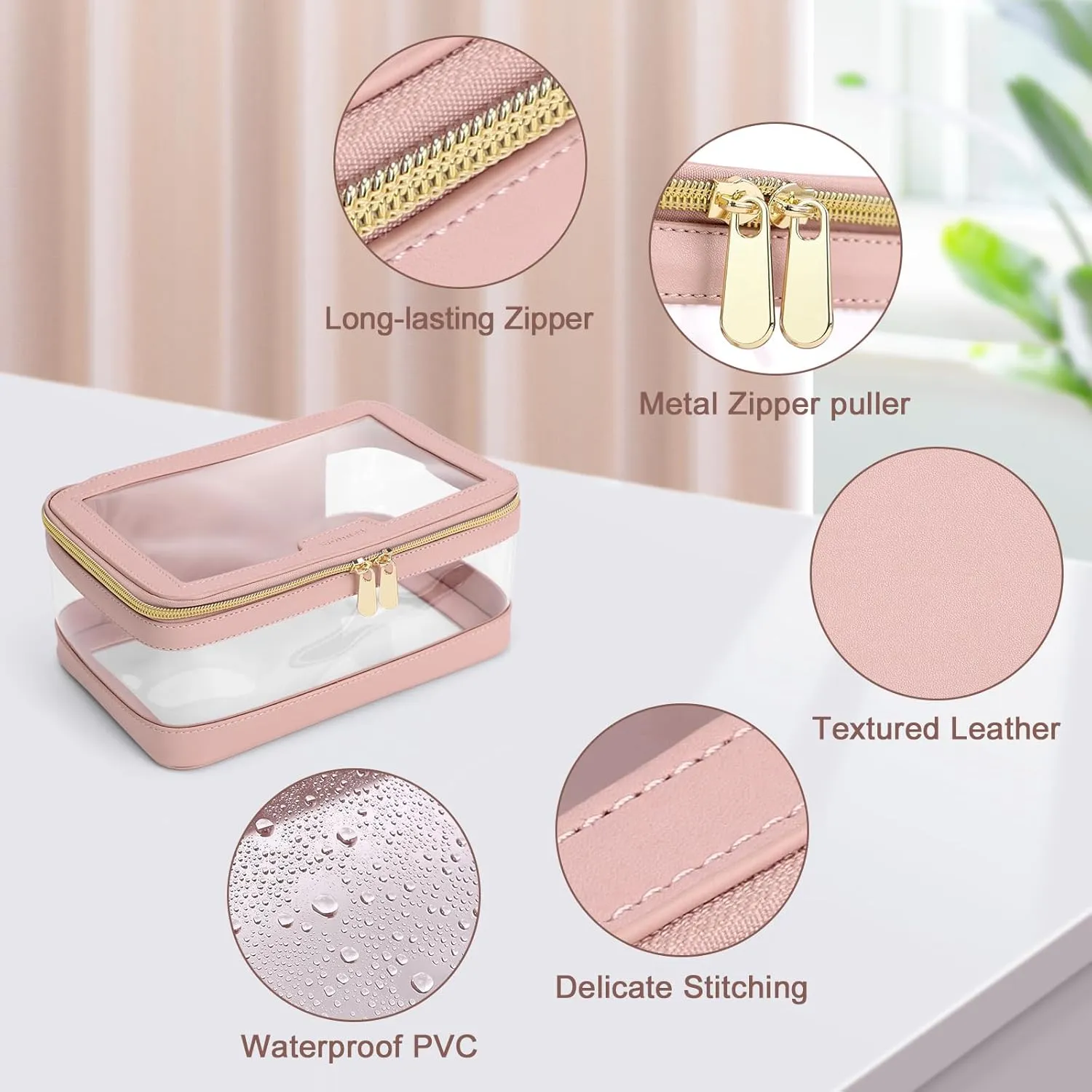 Clear Makeup Bag, Leather Travel Makeup Case Toiletry Bag, Portable Cosmetic Bag Case, Transparent Waterproof Cosmetic Organizer Storage Bag for Women, Pink