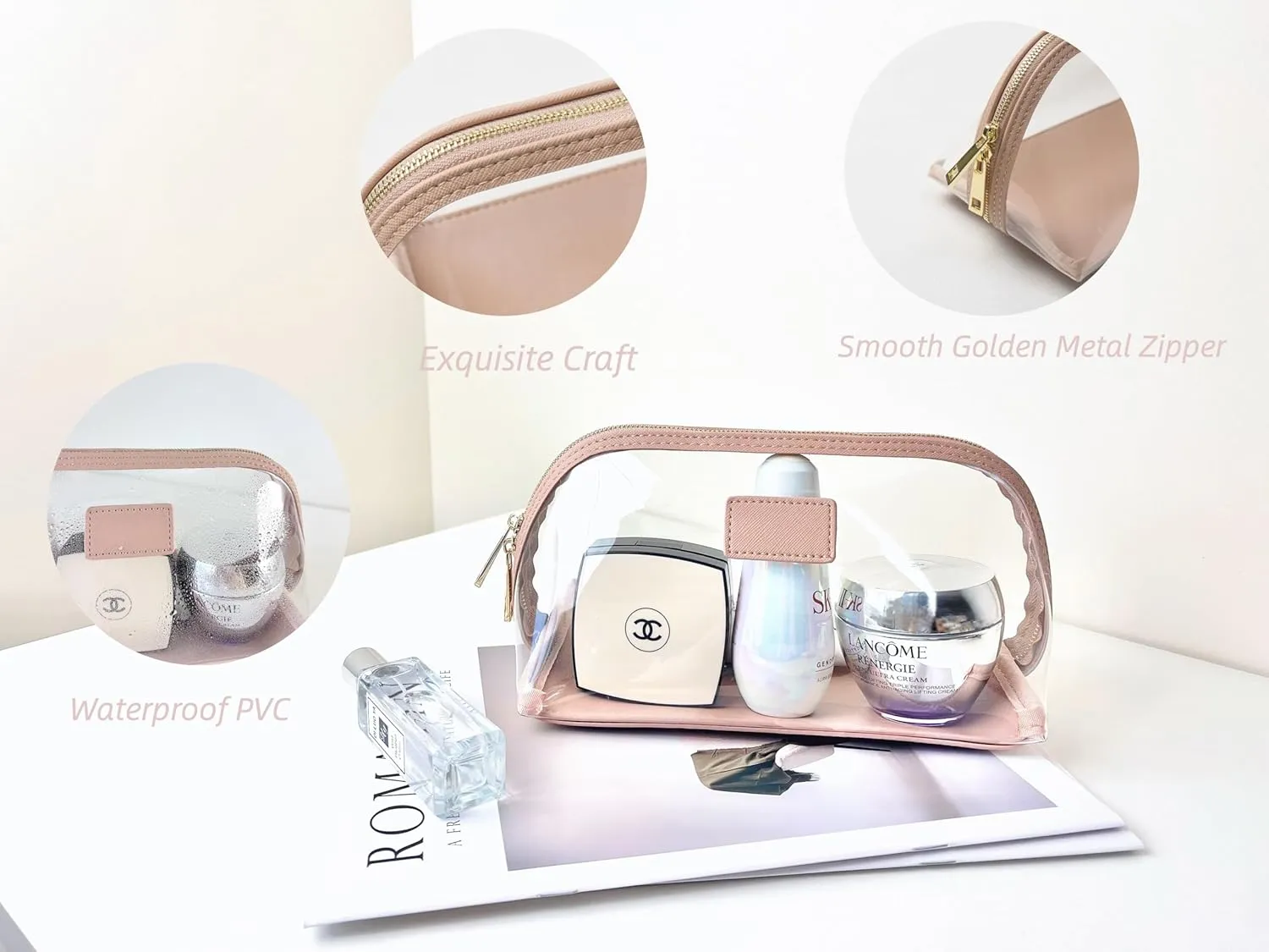 clear makeup bag,leather makeup case,travel toiletry bag,portable cosmetic bag,transparent waterproof cosmetic organizer storage bag (Pink, Large)