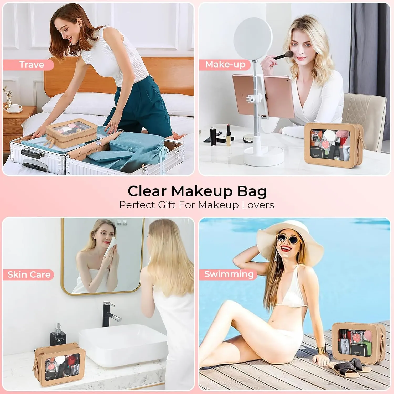 Clear Makeup Bags, TSA Approved Travel Toiletry Pouch with Zipper, Organizer Cosmetic Case for Travel Purse Car Transparent,Square Pouches for Women Men