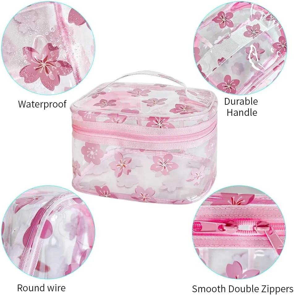 Clear Pink Flower Cosmetic Bag and Travel Pouch with Handle-Durable PVC Material,Versatile,Zipper Design for Smooth Sliding-Ideal for Makeup,Travel Essentials
