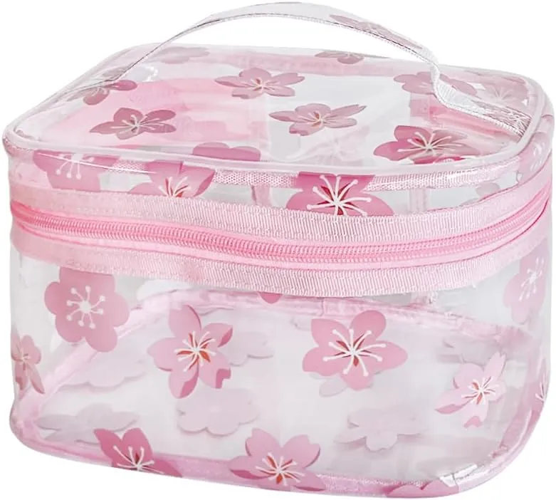 Clear Pink Flower Cosmetic Bag and Travel Pouch with Handle-Durable PVC Material,Versatile,Zipper Design for Smooth Sliding-Ideal for Makeup,Travel Essentials