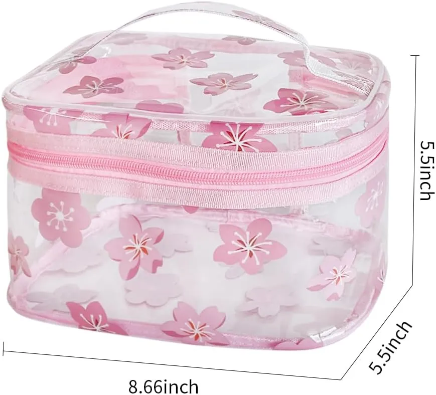 Clear Pink Flower Cosmetic Bag and Travel Pouch with Handle-Durable PVC Material,Versatile,Zipper Design for Smooth Sliding-Ideal for Makeup,Travel Essentials