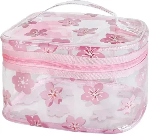 Clear Pink Flower Cosmetic Bag and Travel Pouch with Handle-Durable PVC Material,Versatile,Zipper Design for Smooth Sliding-Ideal for Makeup,Travel Essentials