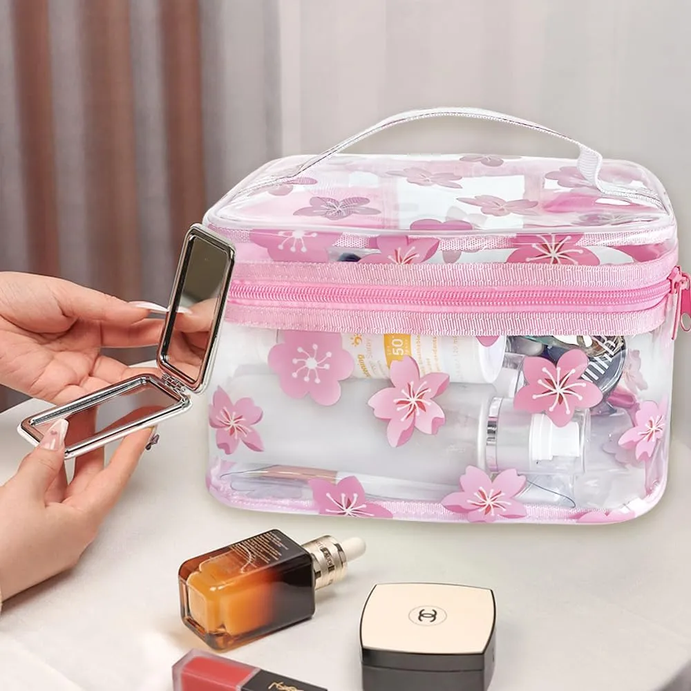 Clear Pink Flower Cosmetic Bag and Travel Pouch with Handle-Durable PVC Material,Versatile,Zipper Design for Smooth Sliding-Ideal for Makeup,Travel Essentials