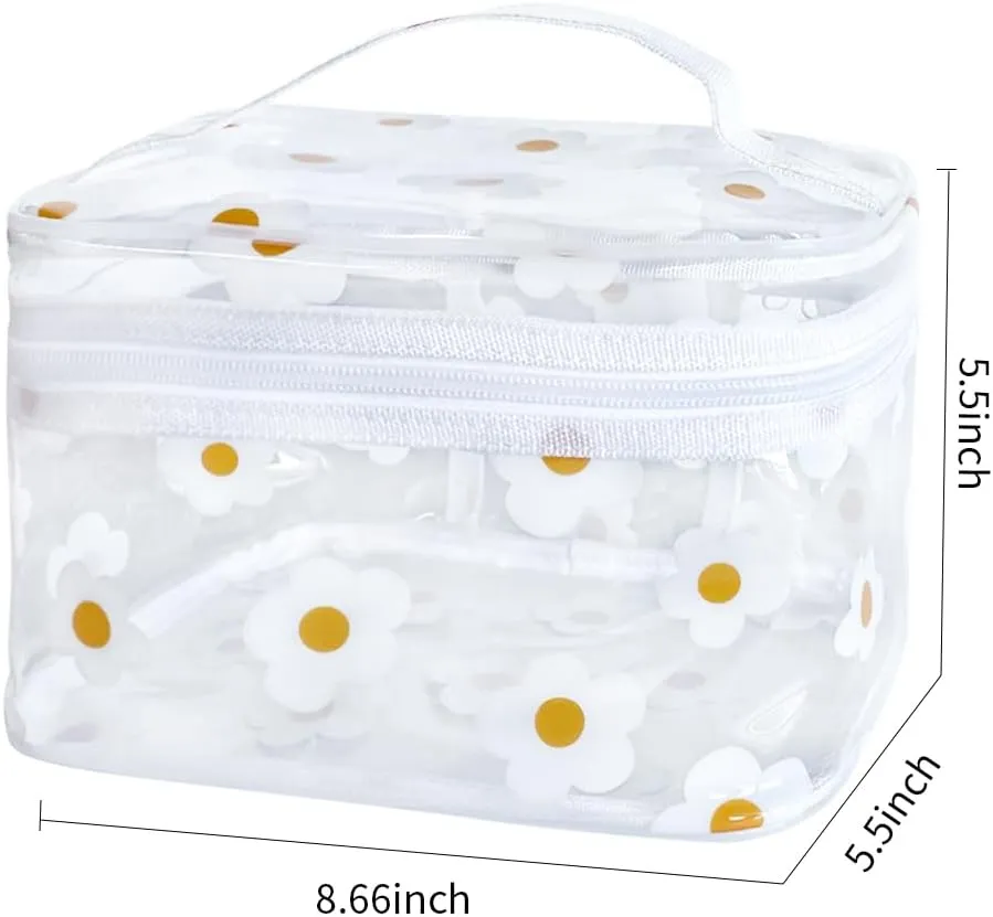 Clear Printed Sunflower Cosmetic Bag and Travel Pouch with Handle-Durable PVC Material,Versatile,Zipper Design for Smooth Sliding-Ideal for Makeup,Travel Essentials (Yellow Sunflower)