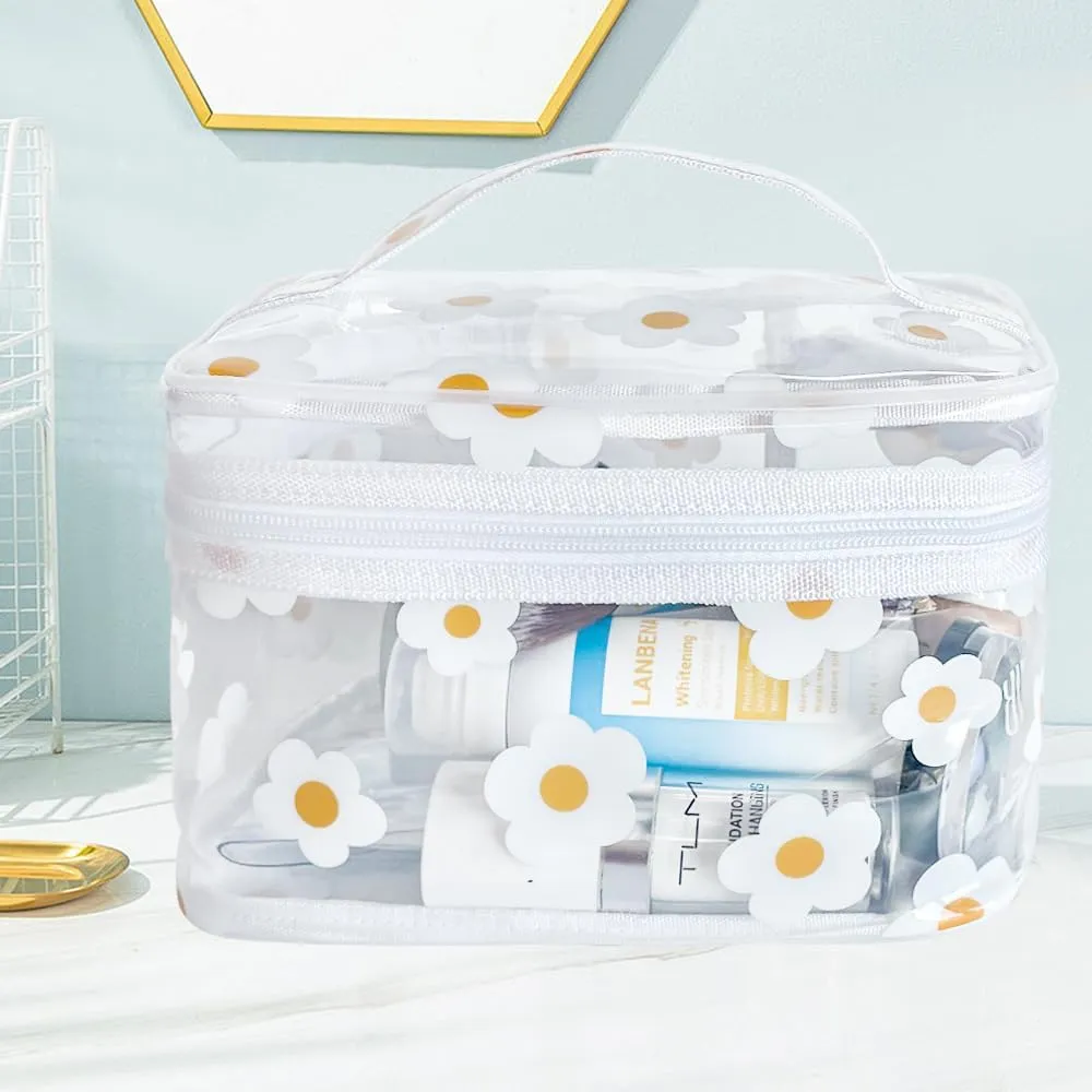 Clear Printed Sunflower Cosmetic Bag and Travel Pouch with Handle-Durable PVC Material,Versatile,Zipper Design for Smooth Sliding-Ideal for Makeup,Travel Essentials (Yellow Sunflower)