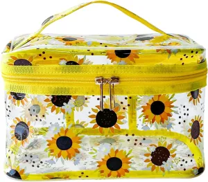 Clear Printed Sunflower Cosmetic Bag and Travel Pouch with Handle-Durable PVC Material,Versatile,Zipper Design for Smooth Sliding-Ideal for Makeup,Travel Essentials (Yellow Sunflower)
