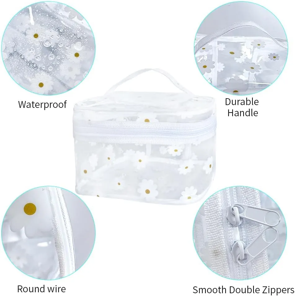 Clear Printed Sunflower Cosmetic Bag and Travel Pouch with Handle-Durable PVC Material,Versatile,Zipper Design for Smooth Sliding-Ideal for Makeup,Travel Essentials (Yellow Sunflower)