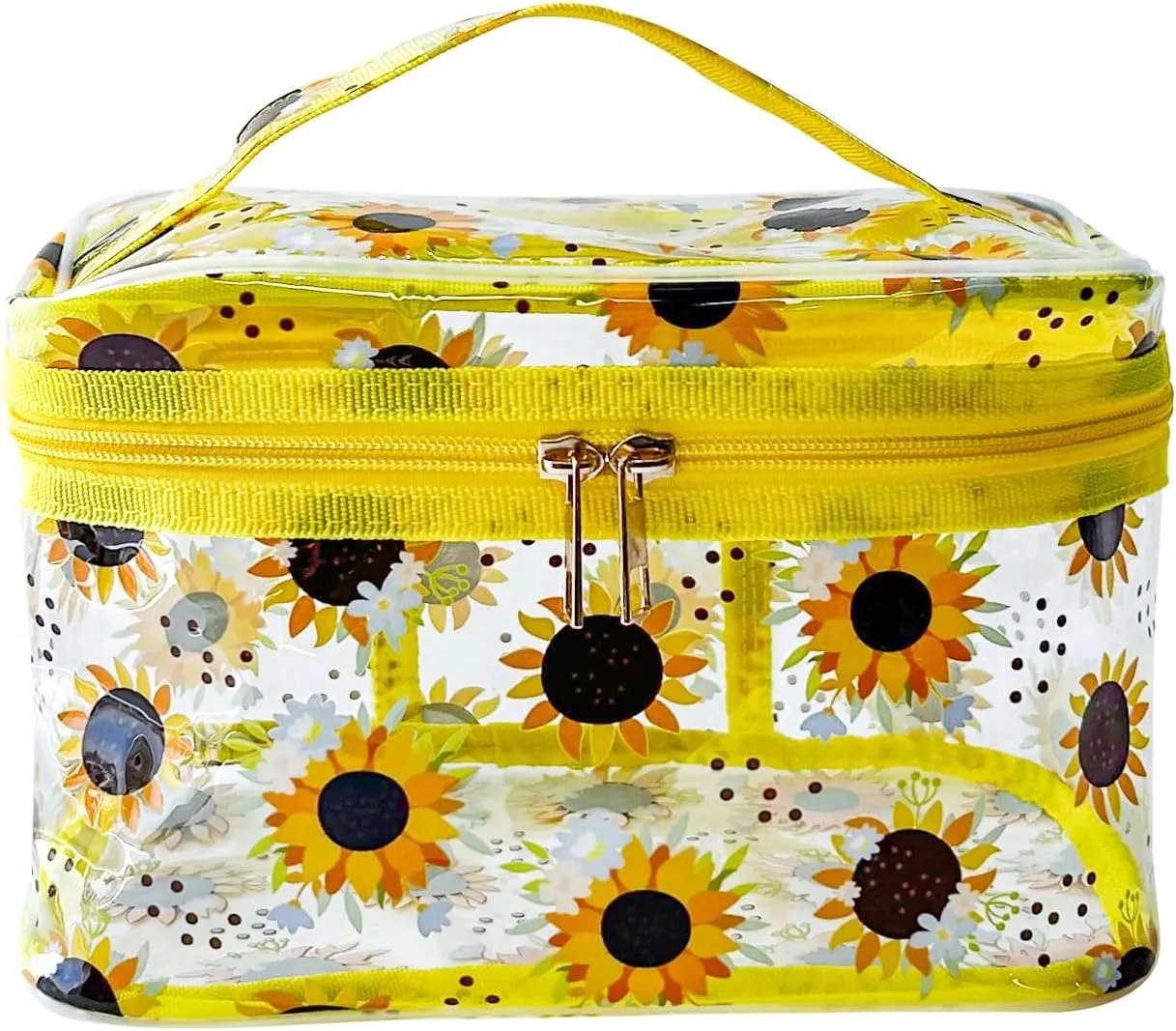 Clear Printed Sunflower Cosmetic Bag and Travel Pouch with Handle-Durable PVC Material,Versatile,Zipper Design for Smooth Sliding-Ideal for Makeup,Travel Essentials (Yellow Sunflower)