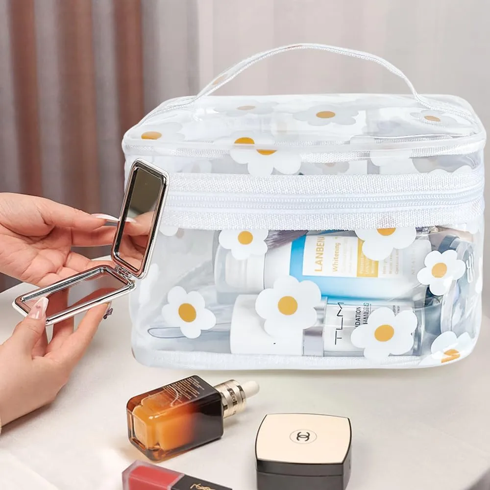 Clear Printed Sunflower Cosmetic Bag and Travel Pouch with Handle-Durable PVC Material,Versatile,Zipper Design for Smooth Sliding-Ideal for Makeup,Travel Essentials (Yellow Sunflower)