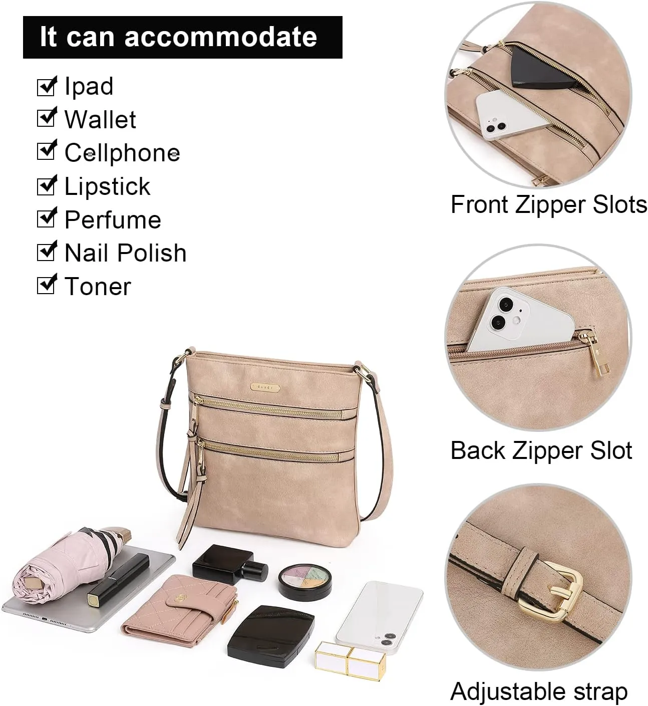 CLUCI Crossbody Purses for Women, Medium Size Zipper Pocket Adjustable Strap, Soft Leather Women's Shoulder Handbags