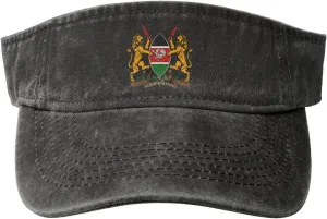 Coat of Arms of Kenya Washed Denim Visor Hat for Men & Women, Adjustable Sun Cap with UV Protection