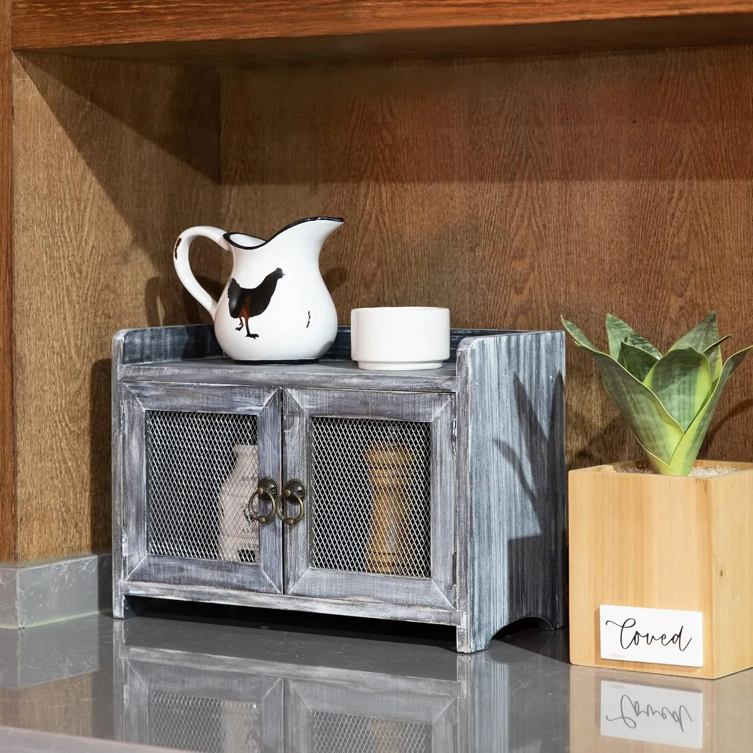 COLLECTIVE HOME - Storage Cabinet, Mini Countertop Cabinet, Wood Organizer for Kitchen Living Room Bedroom Bathroom Office with Magnetic Door, 14.5 x 6.5 x 10 (Gray)
