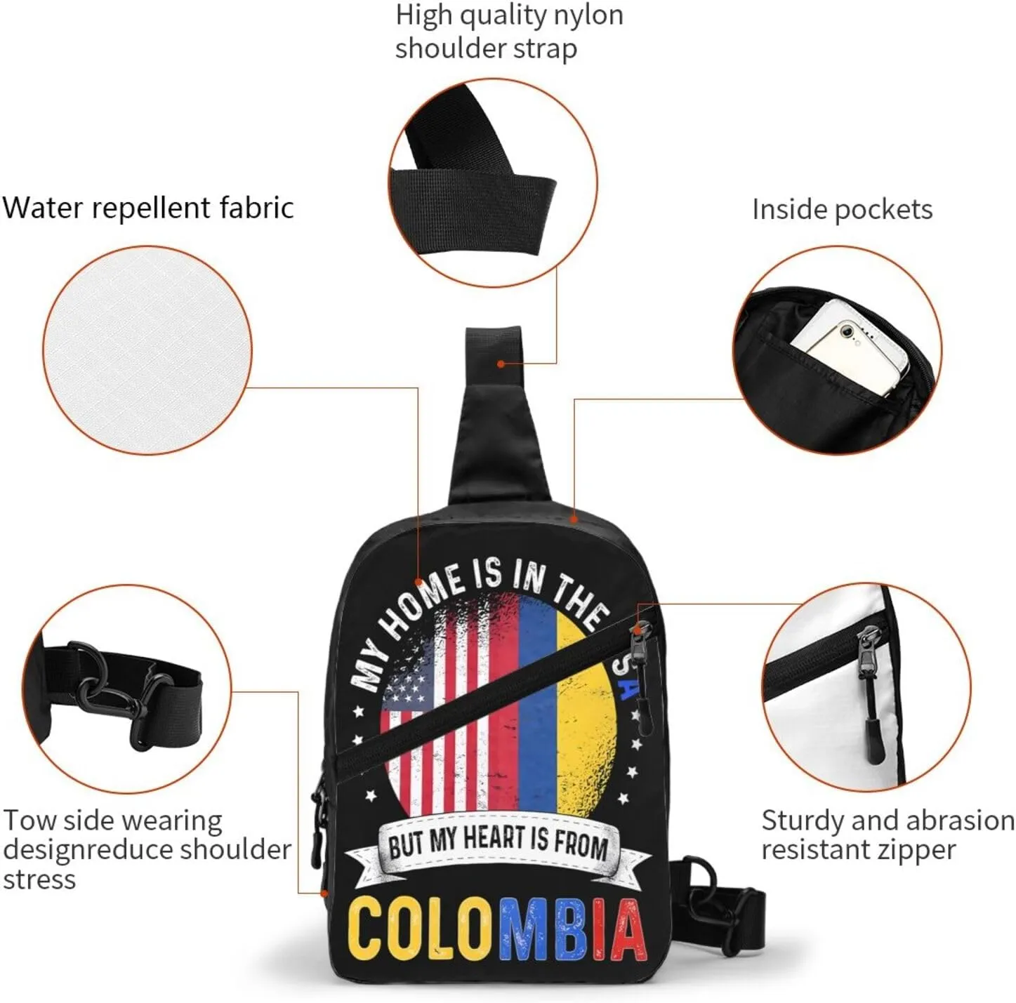 Colombian American Patriot Heart is From Colombia Flag Packable Crossbody Bag Portable Sling Bags Foldable Travel Daypack Reusable Sports Shoulder Backpack Diagonally Chest Bag for Workout