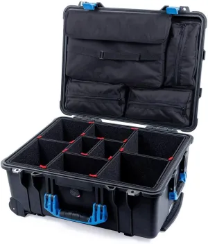 ColorCase Pelican Protector 1560 Case Black - Waterproof Case with TrekPak Divider System & Laptop Computer Lid Pouch - Blue Handles & Latches