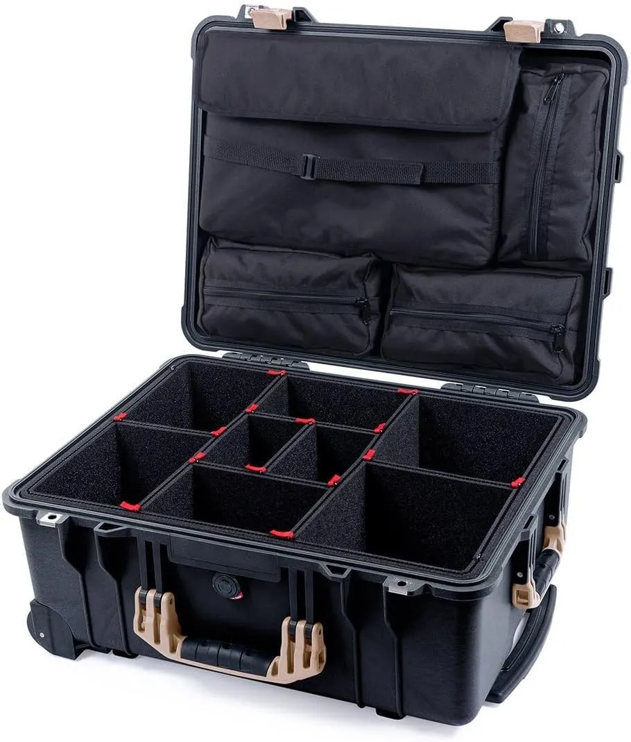 ColorCase Pelican Protector 1560 Case Black - Waterproof Case with TrekPak Divider System & Laptop Computer Lid Pouch - Desert Tan Handles & Latches