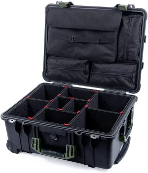 ColorCase Pelican Protector 1560 Case Black - Waterproof Case with TrekPak Divider System & Laptop Computer Lid Pouch - OD Green Handles & Latches