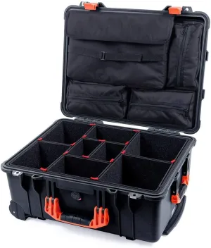 ColorCase Pelican Protector 1560 Case Black - Waterproof Case with TrekPak Divider System & Laptop Computer Lid Pouch - Orange Handles & Latches