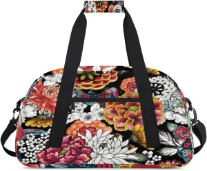 Colorful Flowers Gym Duffel Bag for Men Women Fish Sports Tote Bag with Adjustable Shoulder Strap for Dance Gymnastics Traveling Outdoor Camping Overnight Stay